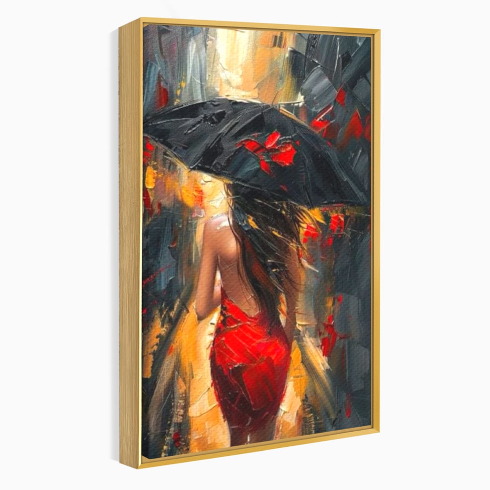 Tablou canvas cu pictura cu femeie si umbrela rosie, in rama de aluminiu auriu